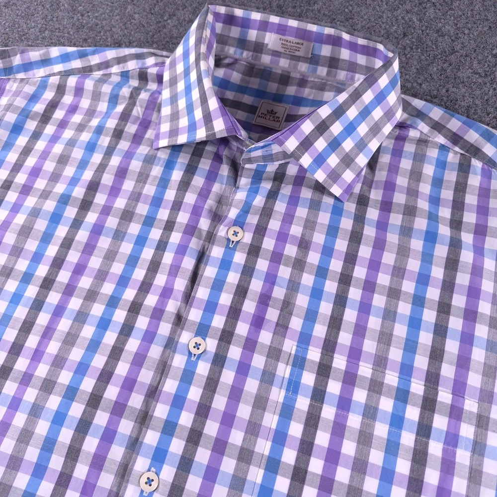 Peter Millar Mens Extra Large Purple Blue Plaid Cotton Button Down Shirt XL